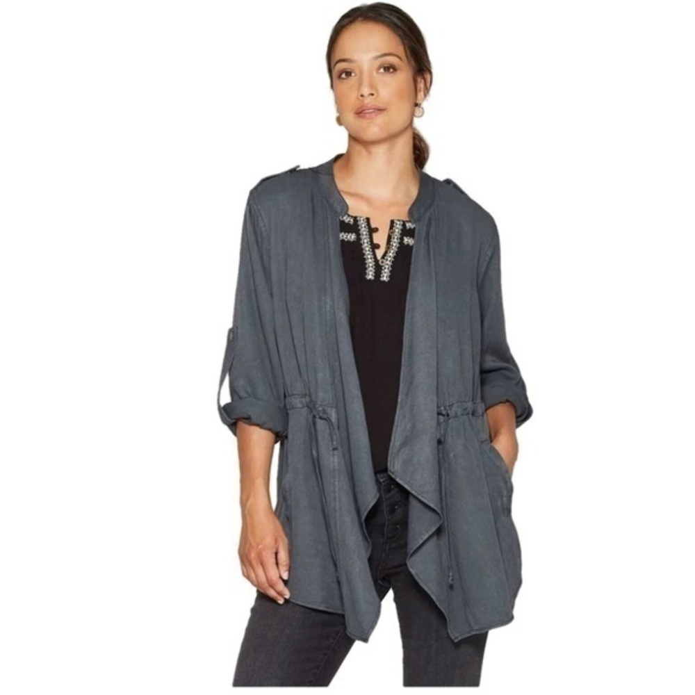 Knox Rose Cinch Waist Drapey Jacket with Roll up Sleeve and Pockets Grey Size M